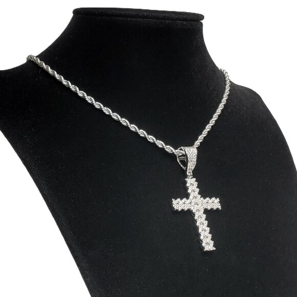 20" Womens 2ct Diamond 14K White Gold Rope Chain Cross Necklace Silver Jewelry - Picture 3 of 8